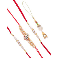 Collectible India Combo Of 4 Rakhi For Bhaiya Bhabhi, Beautiful Roli Chandan Set, with Rakshabandhan Gift Card/Lumba Rakhi/Krishna Rakhi/Pearls Rakhi/Rakhi For Brother Kids