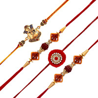 Combo of 4 Rakhi For Brother and Bhabhi - Rakhi For Brother Kids - Ganesha Gold Plated Rakhi For Bhaiya Brother, Flower Pearl Rakhi For Bhabhi, Om Rudraksh Rakhi, Roli Chandan, Greeting Card (RAKHI121)