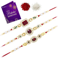 Peora Men Rakhi Thread Beautiful Beads Kundan Raksha Bandhan Rakhi With Chawal Roli Greeting Card (Combo Pack Of 3)