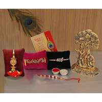 Rakhis for Bhai Bhabhi Brother with Gifts Hamper - Rakhi for Brother Gift Combo - Radha Krishna Idol Showpiece/Premium Kundan Rakhi/Lumba Rakhi/Best Wishes Greeting Card/Rakshabandhan Gifts
