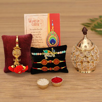 Rakhi for Brother with Gift - Rakhi Gift Combo Set - Rakhi for Bhaiya Bhabhi - Rakshabandhan Gift for Sister- Akhand Crystal Diya Oil Lamp/Krishna Rakhi/Lumba Rakhi/Rudraksh Rakhi/ Greeting Card
