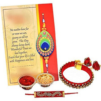 Collectible India Rakshabandhan Lumba Premium Rakhi, Kundan Kada Gold Plated Golden Thread Bracelet, Roli Chandan, Greeting Card Set