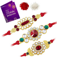 Peora Beautiful Kundan Beads Raksha Bandhan Rakhi Bracelet with Chawal Roli, Greeting Card (Combo Pack of 3) For Men