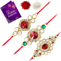 Peora Mens Elegant Kundan and Crystal Rakhi Bracelet with Greeting Card and Roli Chawal (Red, Gold) - Combo Set of 3