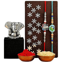 TONKWALAS Rakhi for Brother with Ganesh Idol Combo Set | Combo of 5 (1 Ganesh Idol, 2 Rakhi, 1 Roli Chawal Pack, 1 Greeting Card) (SG1-C18-C11)