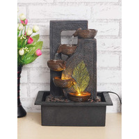 CHRONIKLE Polyresin Table Top Black 4 Diya Steps & Green Leaf Design Indoor Waterfall Fountain for Home Decor with LED Lights & Speed Controller Pump (Size: 40 x 29.5 x 22CM | Weight: 2250grm)