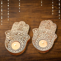 SATYAM KRAFT 2 Pcs Wooden Candle Holder with 2 Wax Candles, Floor Decoration Reusable for Puja Decor Tealight Candle Holder Diya for Pooja, Festival Decoration, Home Decor