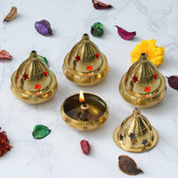 Fashion Bizz Brass Akhand Diya Magical Lantern Brass Diya Decorative Brass Crystal Oil Lamp Lantern Puja Lamp Brass Table Diya Set of 4 Pcs Table Diya Set Ht : 3 Inch