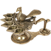 Artvarko Peacock Aarti Diya with Handle Brass Decorative Puja Accessory, Five Face Camphor Burner lamp Panch Aarti for Navratra, Diwali Gifts Home Decor .