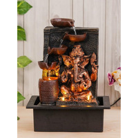 CHRONIKLE Polyresin Golden Brown Ganesha Tabletop Indoor 4 Diya Steps Waterfall Fountain for Home Dcor with Yellow LED Light & Water Flow Controller Pump (Size: 39 x 29.5 x 22CM | Weight: 2195grm)