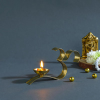 Collectible India Metal Om Diya Oil Lamp with Om Design Handle, Golden Finish, Pack of 1