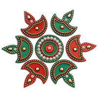 Acrylic Diya Rangoli (Small) (7 pcs) Red and Green (16 CM X 16 CM)