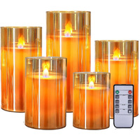 LTETTES Set of 5 Premium LED Amber Glass Cup Pillar Candles with Real Wax with Moving Faux Wick | Battery Powered with Remote Controller | 3 H x4,5,6,7,8 Dia | Ideal for Home Decor and Gifting