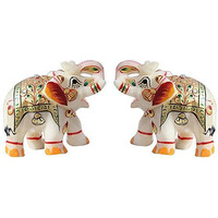 Fashion Bizz Handicraft Home Decor Marble Meena Elephant Pair for Home Decor | Designer Marble Showpiece Elephants Pair with Unique Golden Work (8.2 cm x 4.5 cm x 7 cm)