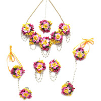 ZENEME White Pearl Beaded Gota Patti Floral Beaded Haldi & Mehendi Necklace With Earrings, Maang Tikka & Bracelet Jewellery Set For Girls and Women (Pink)