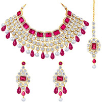 Peora Crystal Choker Necklace with Maang Tikka Earrings Indian Traditional Bridal Wedding Jewellery Set for Women Girls (Rani)