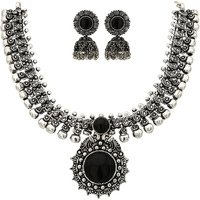 Sasitrends Oxidised German Silver Necklace with Jumki for Women and Girls (Maroon)