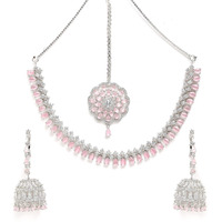 ZENEME Jewellery Sparkling American Diamond Collar Necklace with Designer Jhumka/Jhumki Earrings Maang Tikka for Women and Girls (Mint Pink)