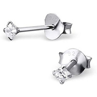 Abhooshan 925 Sterling Silver Pair of Square Princess Cut Single White Cubic Zirconia (CZ) Stone Solitaire Piercing Stud Earrings For Girls Women Men & Boys (2)