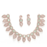 ZENEME Jewellery Set Leaf Style AD/American Diamond Rectangle Shaped Studded Rose Gold Plated Handcrafted Circle Necklace Set for Women & Girls (Mint Rose)