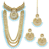Peora 18K Gold Plated Kundan Faux Bead Bridal Necklace Jewellery Set for Women Girls (Sky Blue)