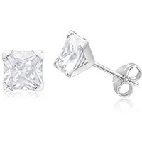 Abhooshan 925 Sterling Silver Pair of Square Princess Cut Single White Cubic Zirconia (CZ) Stone Solitaire Piercing Stud Earrings For Girls Women Men & Boys (6)