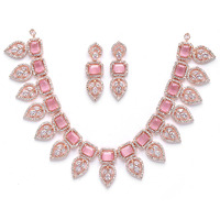 ZENEME Jewellery Set Leaf Style AD/American Diamond Rectangle Shaped Studded Rose Gold Plated Handcrafted Circle Necklace Set for Women & Girls (Pink Rose)