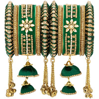 Peora Velvet Matching Kundan Floral Silk Thread Chura Bangle Set for Women (2.6 inch) (Green)