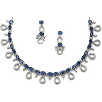ZENEME Rhodium-Plated Silver Toned American Diamond Studded Necklace with Earrings Jewellery Set for Girls and Women (Blue)