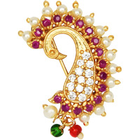 ACCESSHER Gold Plated Traditional American Diamond Embellished Non Piercing/Clip On Peacock Design Maharashtrian Nath/Nose Ring for Women and Girls Pack of 1