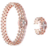 ZENEME Bracelet Rose Gold Plated American Diamond Studded Artistically Designed Openable Kada Bracelet With Matching Ring Jewellery For Women and Girls