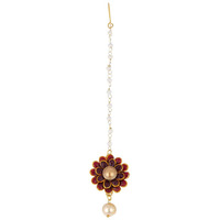 Zeneme Jewellery Flower Style Exclusive Cute Gold Plated Maang Tikka (Maroon)