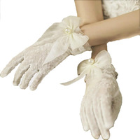PALAY Wedding Gloves for Bride White Lace Gloves for Women Hand Gloves for Girls White Net Gloves, Elegant Bridal Tulle Gloves Flower Banquet Bowknot Pearl Cuffs White Bridal Wedding Diwali Halloween