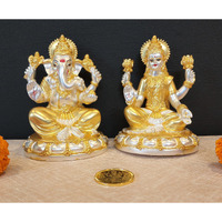 Gold Art India Two Tone Matte (Gold & Silver) Round Base Laxmi Ganesha with Gold Plated Coin | Diwali & Festival Gift Set (ROUNDBASELAXGANTWOTONEMATTE5)