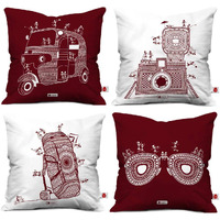 Indigifts Diwali Decoration for Home, Satin Ethnic Small Cushion Covers Travellers Themed Warli Art Digitally Printed Pillows Set of 4 (16x16 Inch)