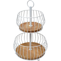 Craft Brio -A TRENDY HANDICRAFTS Metal Wood 2 Tier Basket Countertop Fruit Vegetables Rack Decorative White Wire Natural Wood Basket Diwali Bowl Storage Organizer for Kitchen Home (Size: 10X18H)