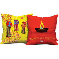Indigifts Diwali Decoration Traditional Designer Micro Satin and Fibre Cushion Cover with Filler (White; 12 x12-inch) - Set of 2
