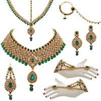 Lucky Jewellery Bridal Dulhan Designer 18k Gold Plated Gold Green Color Pearl Stone Set 8 pcs. for Women & Girls (3630-IZS-1611SM-LCT-G)