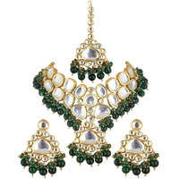 Lucky Jewellery Back Meenakari 18k Gold Plated Green Color Tika Earring Combo Jewellery Set Uncut Kundan Choker Necklace Set For Girls & Women