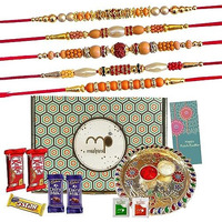 Maalpani Rakhi Set of 5 - Chocolates and Pooja Thali - Rakhi Gift Set