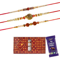 Maalpani Set of Three Sandalwood Rakhis Plus Chocolate - Rakhi Set for Brother
