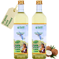 Village Company Extra Virgin Cold Pressed Coconut Oil 1 Ltr Pack of 2 | Hair Skin Cooking Baby Massage | Organic Pure Edible Natural | Wood Press Kolhu Kacchi Ghani Chekku | Chemical-Free Glass Bottle