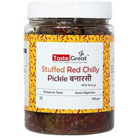 Taste Great Banarasi Stuffed Red Chilli Pickle (450g) I Banaras Spl Lal Mirchi ka Bharwa Achar I Mild Spicy & Less oil used I Made with old Banarasi recipe I Special casement box packing