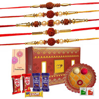 Maalpani Dairy Milk Chocolate Rakhi Thali Hamper for Brother - Set of 5 Rudraksh Rakhi - Chocolates and Pooja Thali Gift Box