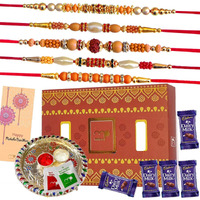 Maalpani Pooja Thali Gift Hamper - Premium Bead Rakhi Set - 5 Pc Dairy Milk Chocolates and Puja Thali