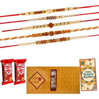 Maalpani Rakhi Gift Hamper | 2 Kitkat Chocolate + 5 Rakhis Set With Roli Chawal | Rakhi for Brother (Gift Hamper Set for Festival)