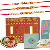 Maalpani Rakhi Sweets gift Set | 3 Rakhi and Sweets with pooja gift for Rakshabandhan | Rakhi with sweets Hamper for Brother greeting card D30413S