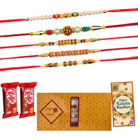 Maalpani Rakhi Chocolate Hamper Combo - Set of 5 Pearl and Bead Rakhi - Chocolates - Rakhi Chocolate Gift