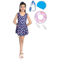 ROVARS Polyester Girls Swimming Kit with 1 Swimming Costume, 1 Swimming Goggles, 1 Silicone Swimming Cap & 1 Pair Ear Plugs & 1 Swimming Ring (Navy, 4-5 Years)