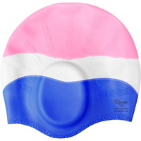 KARBD Silicone Swimming Cap with Ear & Hair Protection Unisex Water Sports Long Hair Cover for Kids Teens Adults (Universal Size, Ear Protection Pink White Blue)